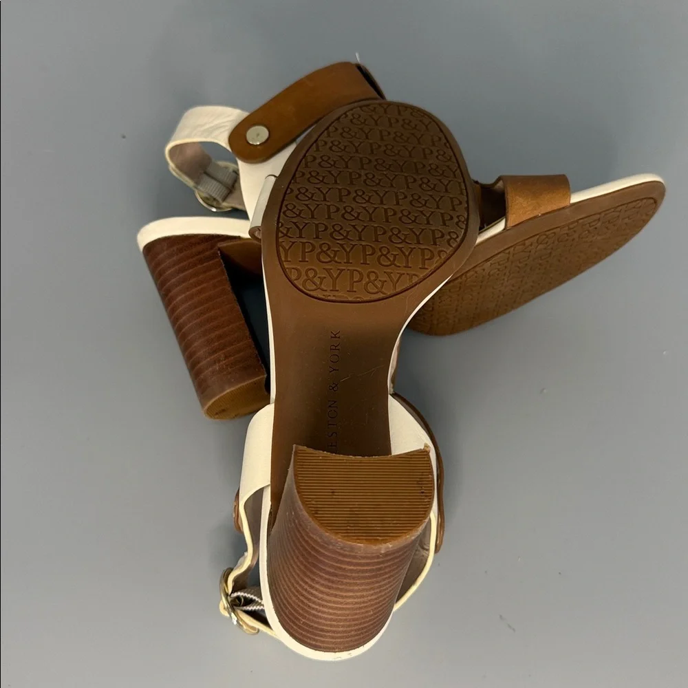 Preston & York Faye Tan Leather T-Strap‎ Block Heel Sandals - Size 6.5